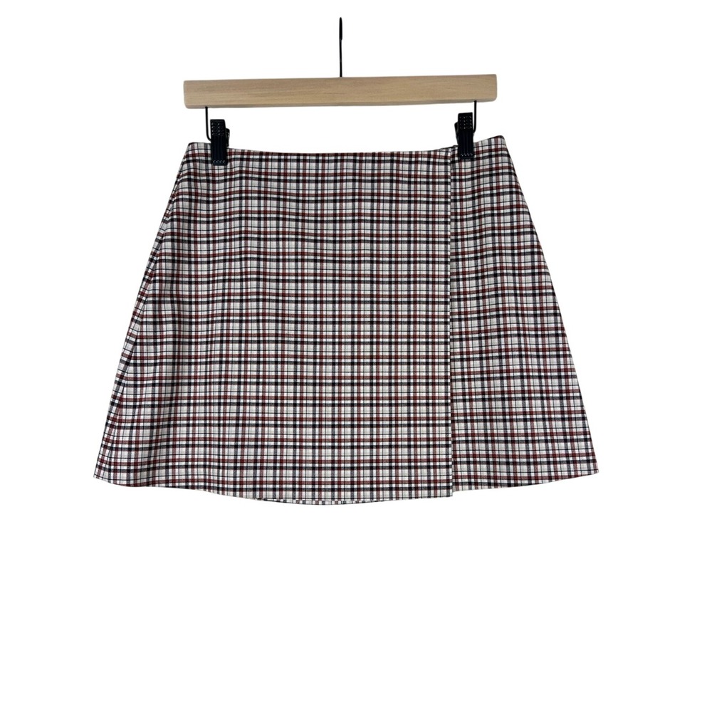 Gianni Bini Plaid Faux Wrap Mini Skirt Red Black Ivory Size 6